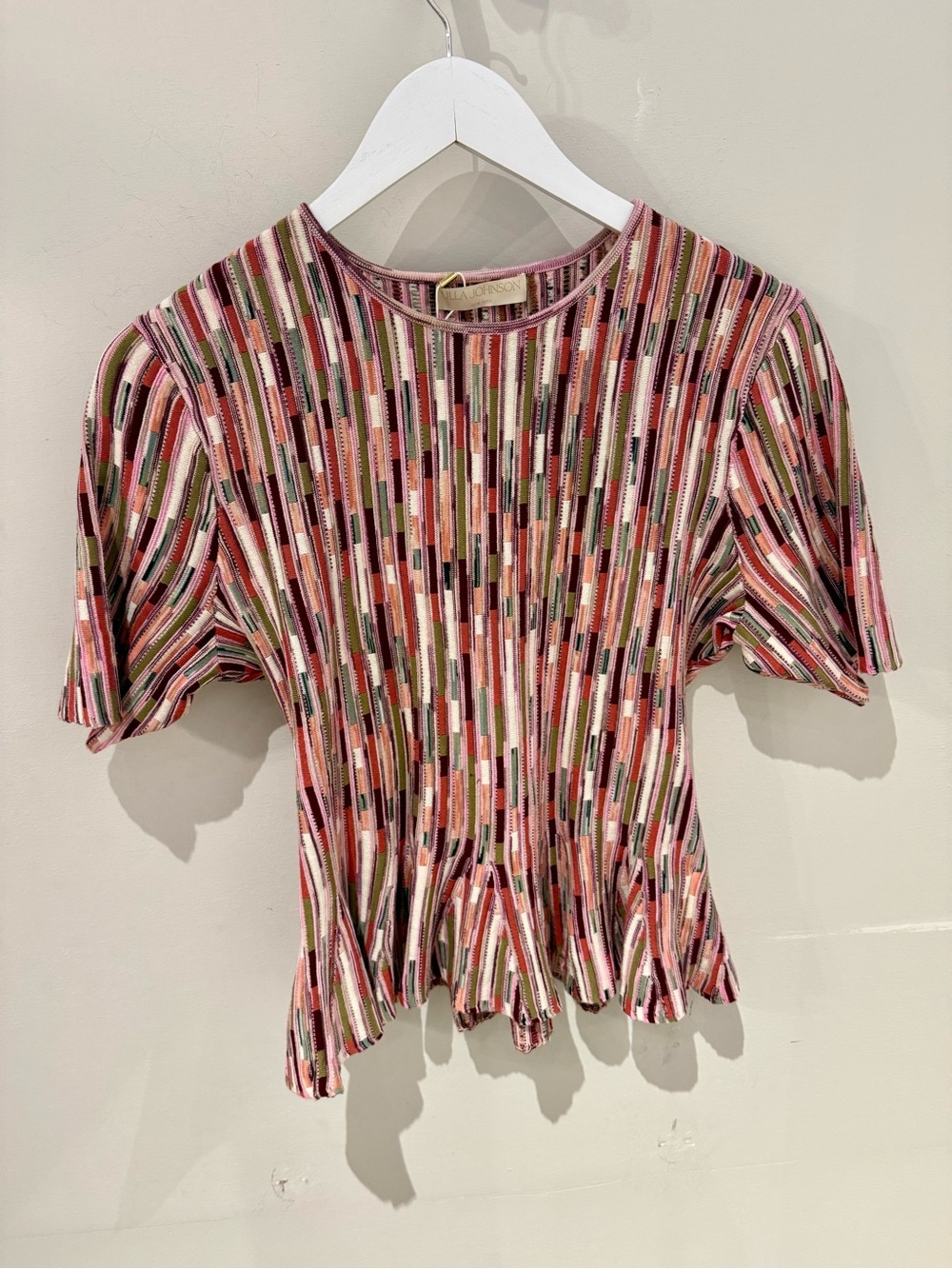 NWT ULLA JOHNSON Pleated Short-Sleeve Knit Top - Multi Pink
